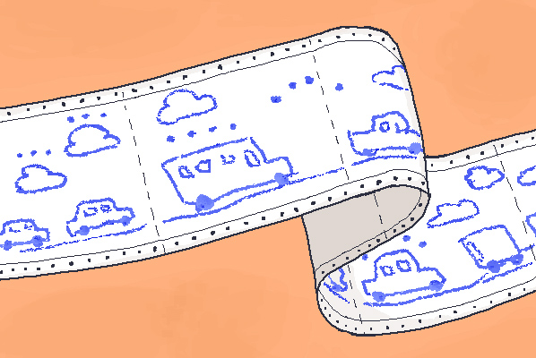 An illustration of dot-matrix printer painter with cars and buses on it drawn in blue crayon.